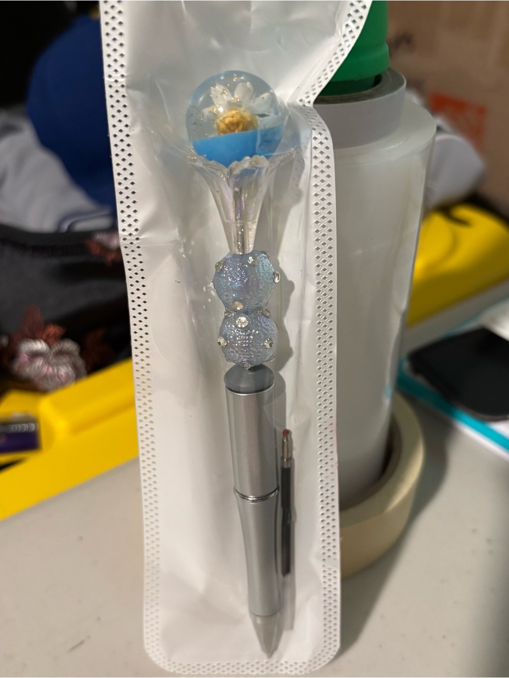 Silver Decorative Pen with Blue Floral flower